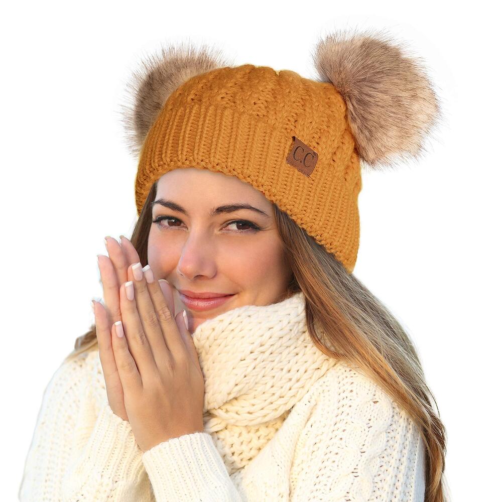 3220 Hatsandscarf Exclusives Natural Double Pom Pom Cable Knit Winter
